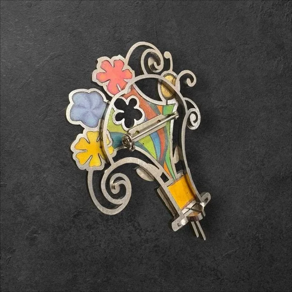 Vintage Seeka Floral Bouquet Pot Brooch Silver Tone Enamel Multicolor 2.5in Pin - Picture 3 of 3